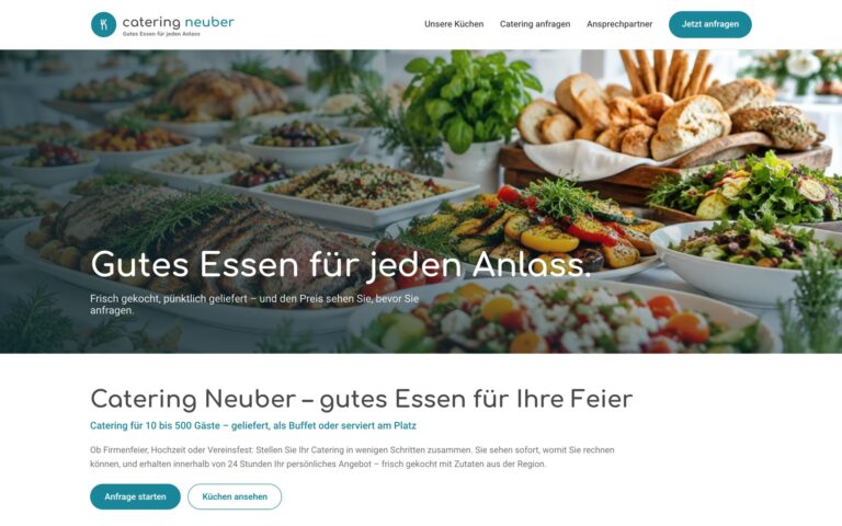Catering-Tool: Startseite der Beispiel-Website „Catering Neuber“ mit Buffet-Bild und Anfrage-Button