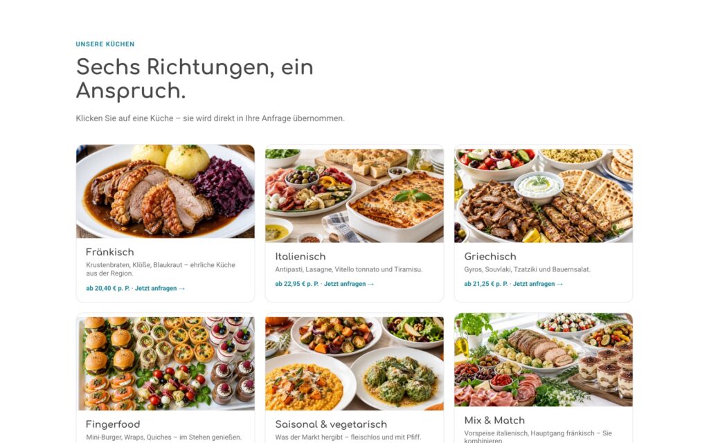 Catering-Tool: Auswahl der Küchenrichtungen mit Bildern auf der Website