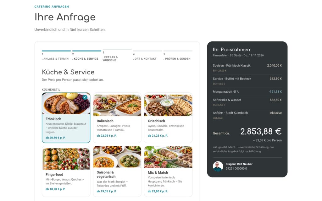 Catering-Tool: Anfrage-Konfigurator mit Küchenauswahl und live mitlaufendem Preisrahmen