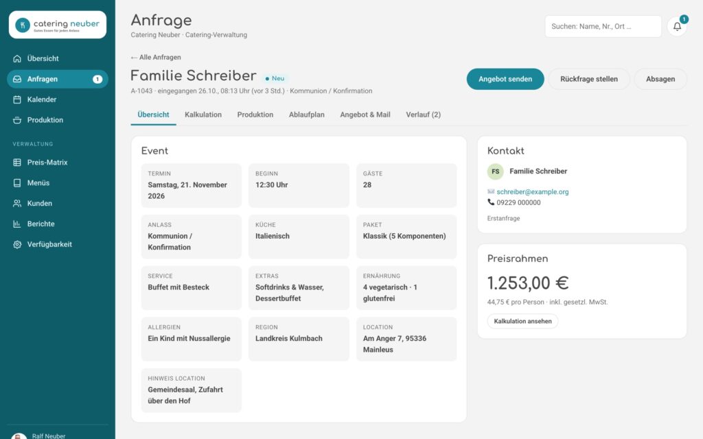 Catering-Tool: einzelne Anfrage im Backend mit allen Kundenangaben und Aktionsknöpfen