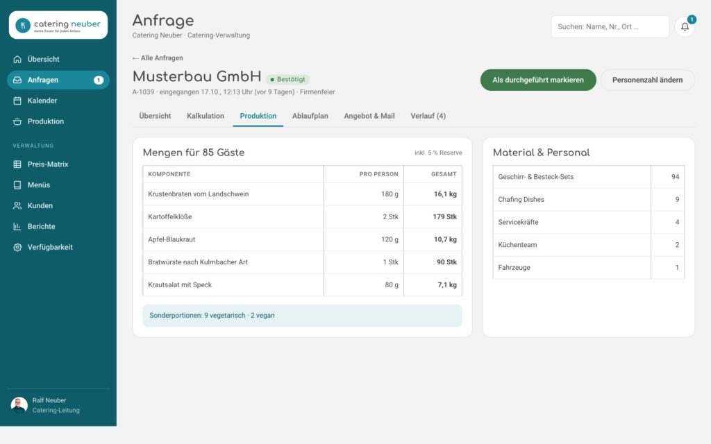 Catering-Tool: Produktionsansicht mit Mengen je Komponente, Material und Personal
