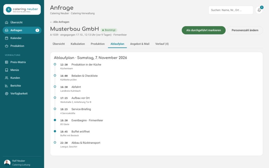 Catering-Tool: Ablaufplan, rückwärts gerechnet vom Eventbeginn