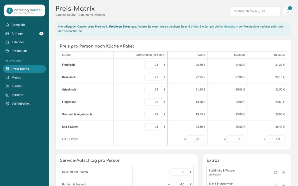 Catering-Tool: Preis-Matrix mit Grundpreisen je Küche, Paketfaktoren und Aufschlägen