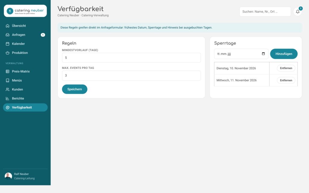 Catering-Tool: Einstellungen zur Verfügbarkeit mit Vorlaufzeit, Events pro Tag und Sperrtagen