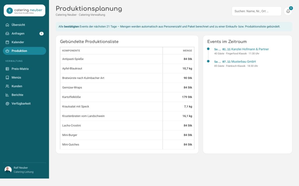 Catering-Tool: gebündelte Produktionsliste aller bestätigten Events der nächsten drei Wochen