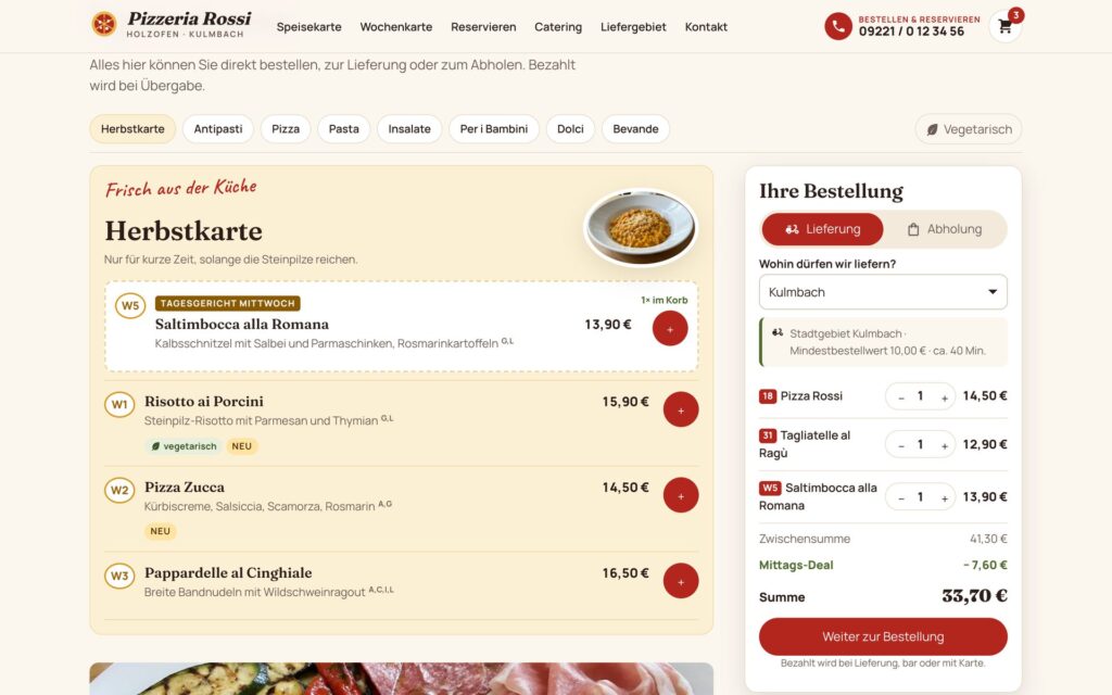 Speisekarte mit Wochenkarte, Tagesgericht und Warenkorb mit Mittags-Deal