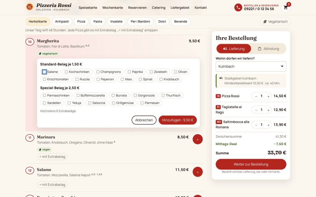 Pizza mit Extrabelag auswählen, Preise je Belag