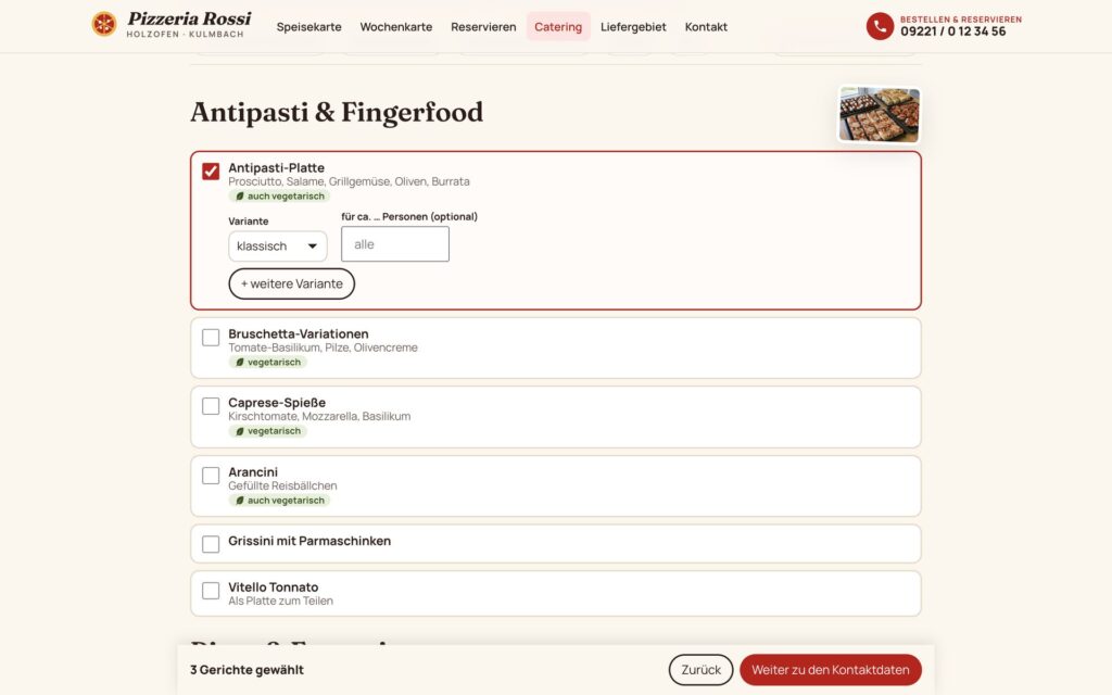 Catering-Anfrage: Auswahl aus der Catering-Karte mit Varianten