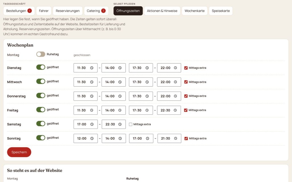Betriebsansicht: Wochenplan der Öffnungszeiten selbst pflegen