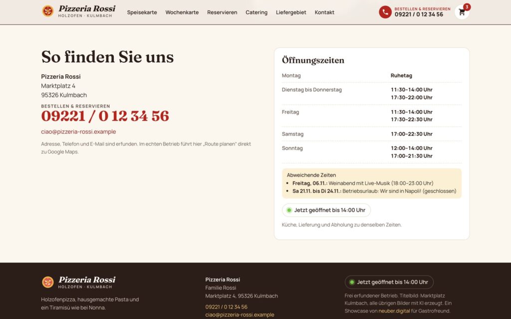 Öffnungszeiten mit abweichenden Zeiten und Status auf der Website des Betriebs